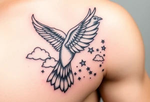 Dove and a blue jay, clouds, shining light to or from heaven tattoo idea