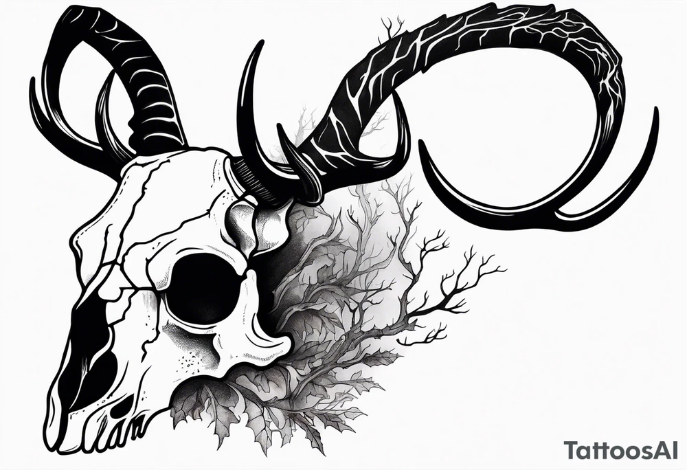 scary side view of a DECAYING deer skull JUST BONE surrounded by a forest fire in background tattoo idea