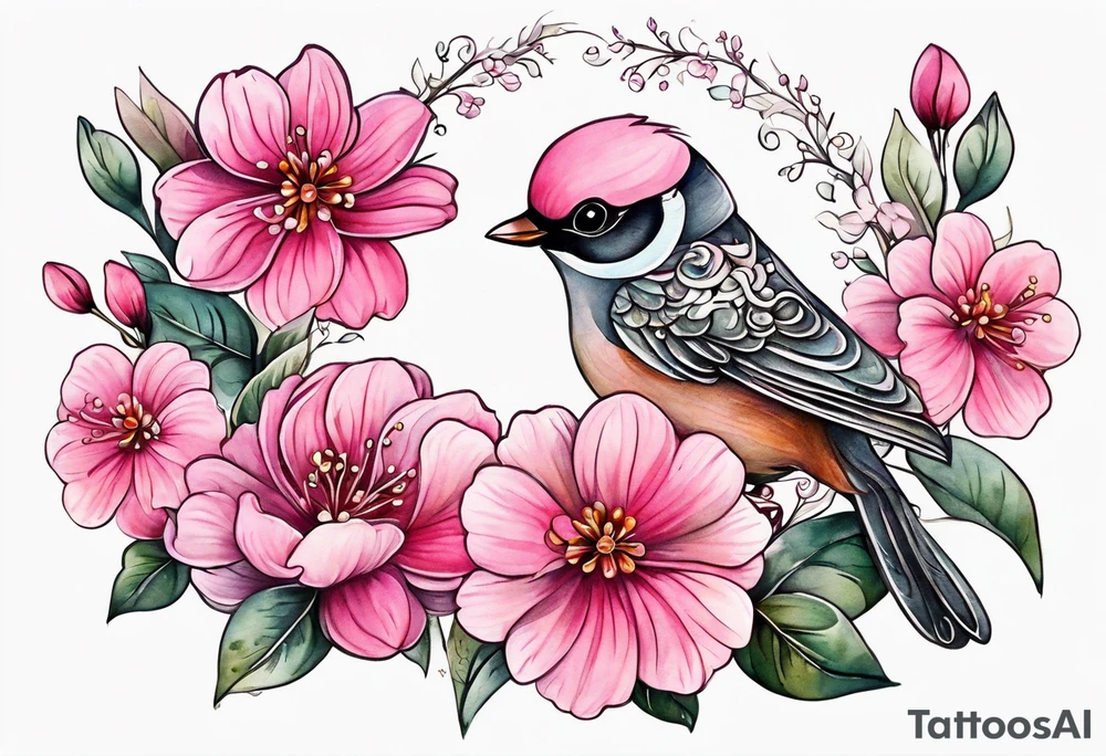 Small Pink flowers with decorative dott pattern, a bird and libra tattoo idea