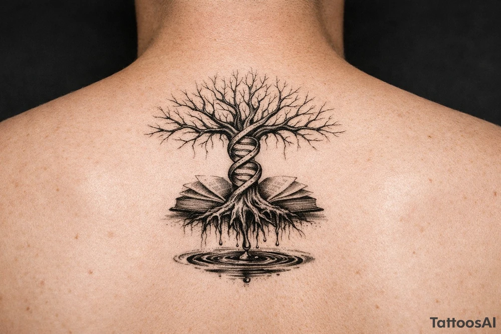 tree of life with a dna spiral for the trunk, bare branches spreading out at different lengths, and roots sprouting through open books, with water dripping from the roots into a puddle tattoo idea