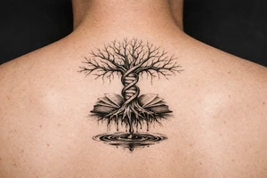 tree of life with a dna spiral for the trunk, bare branches spreading out at different lengths, and roots sprouting through open books, with water dripping from the roots into a puddle tattoo idea