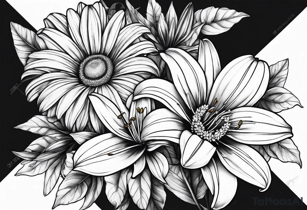 Large daisy flower and large lily flower together with leaves around them no stem tattoo idea