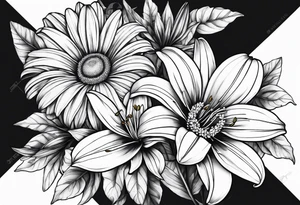 Large daisy flower and large lily flower together with leaves around them no stem tattoo idea