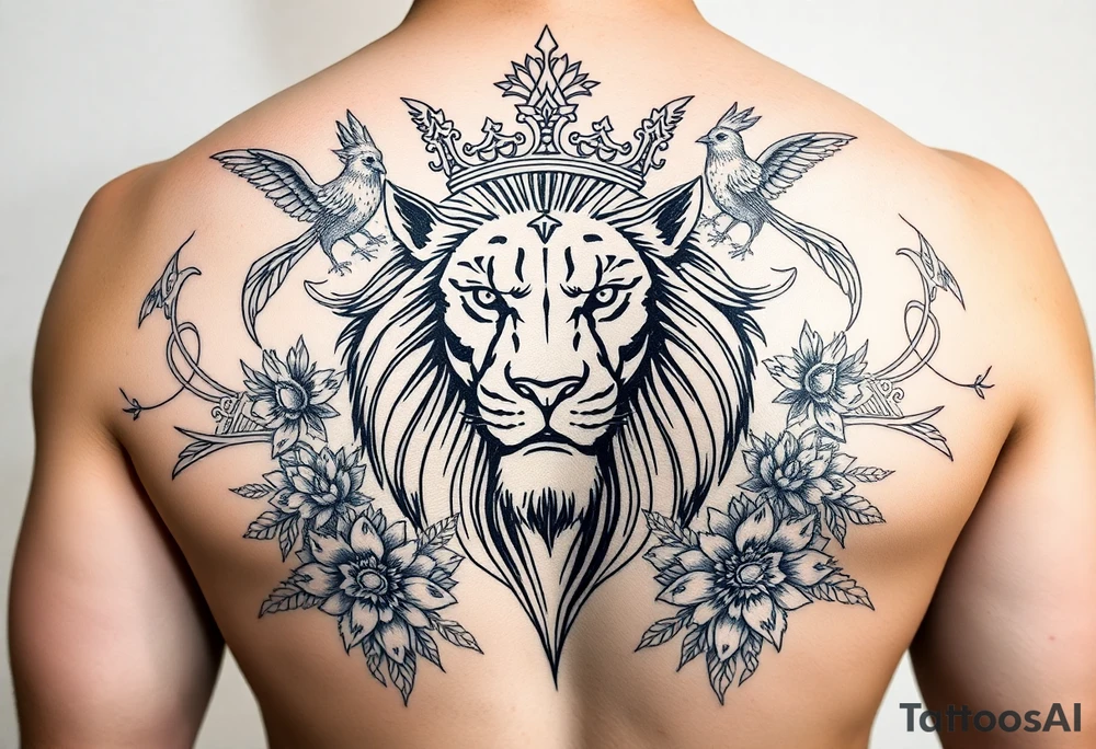 powerful majestic lion with a crown, surrounded by floral ornaments and birds tattoo idea