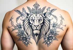 powerful majestic lion with a crown, surrounded by floral ornaments and birds tattoo idea