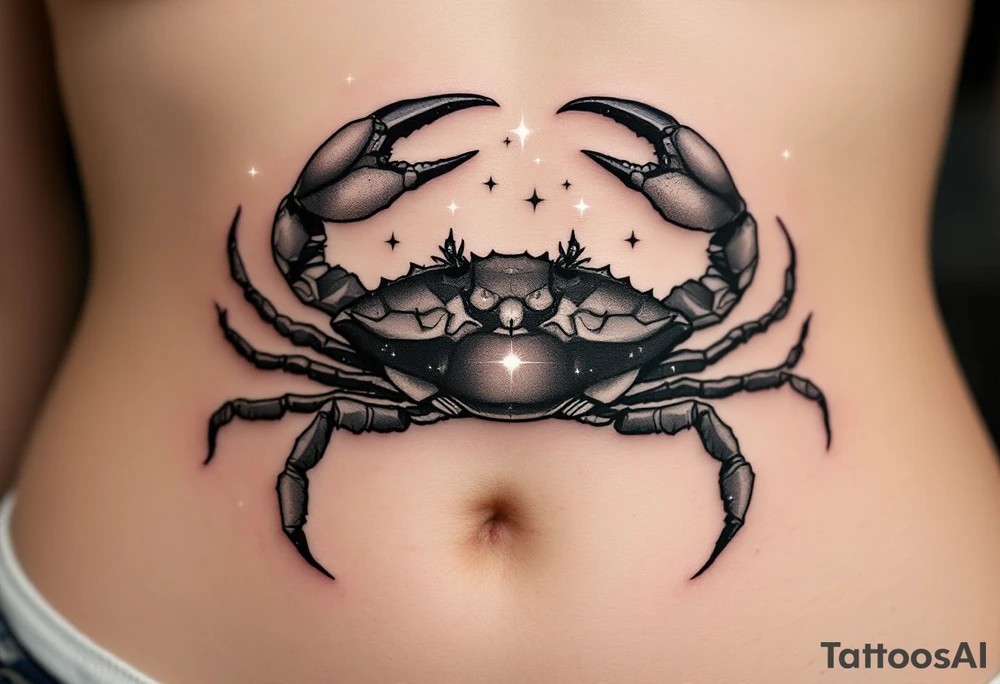 A monochrome Cancer crab is shaded in black and gray beneath constellation stars glowing in white ink. tattoo idea