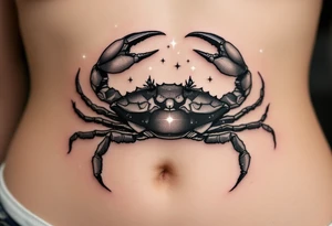 A monochrome Cancer crab is shaded in black and gray beneath constellation stars glowing in white ink. tattoo idea