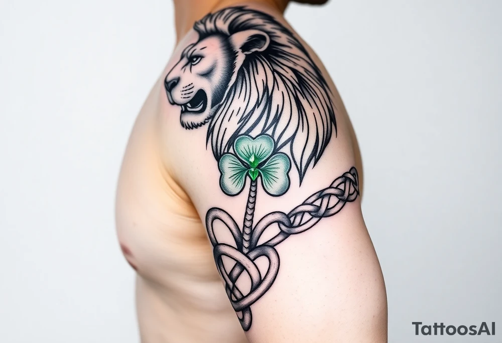 Show on a man's arm. Create a men's half-sleeve tattoo featuring a mighty, majestic lion at the top of the shoulder. Extend the bottom of the lion's mane to create open and shaded Celtic knots that travel down the arm, incorporating a ribbon twist. At the twist, make a Celtic shamrock with green peridot jewel petals and an organic stem. Continue the knots to intersect with a Celtic warrior armband that wraps the arm just above the elbow. tattoo idea