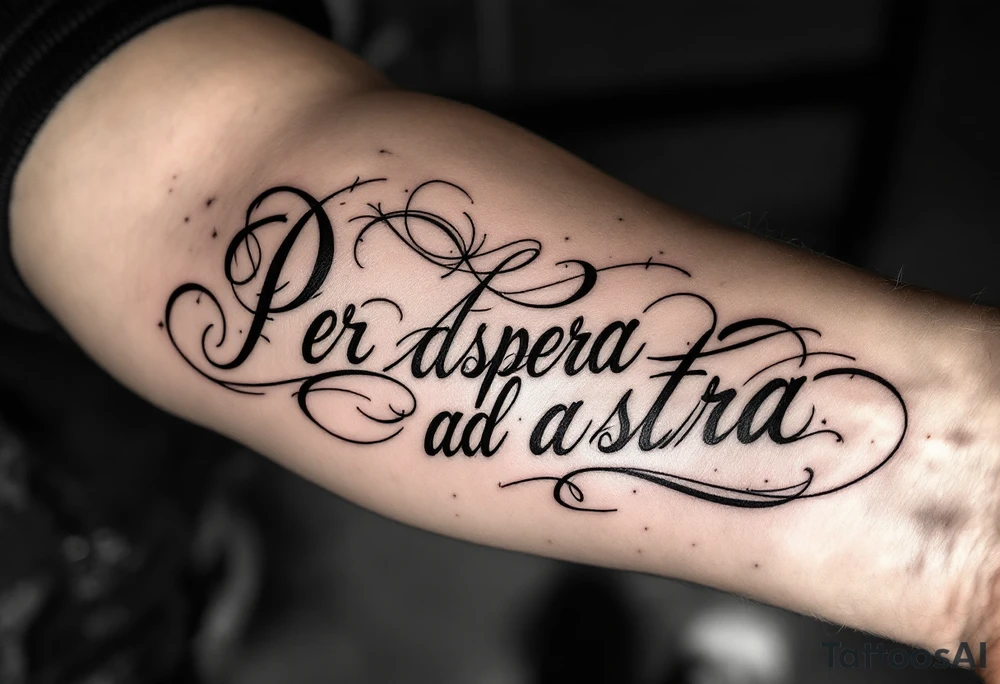 A black and gold script tattoo of “Per aspera ad astra” arcs across the forearm, symbolizing the beauty born from struggle. tattoo idea