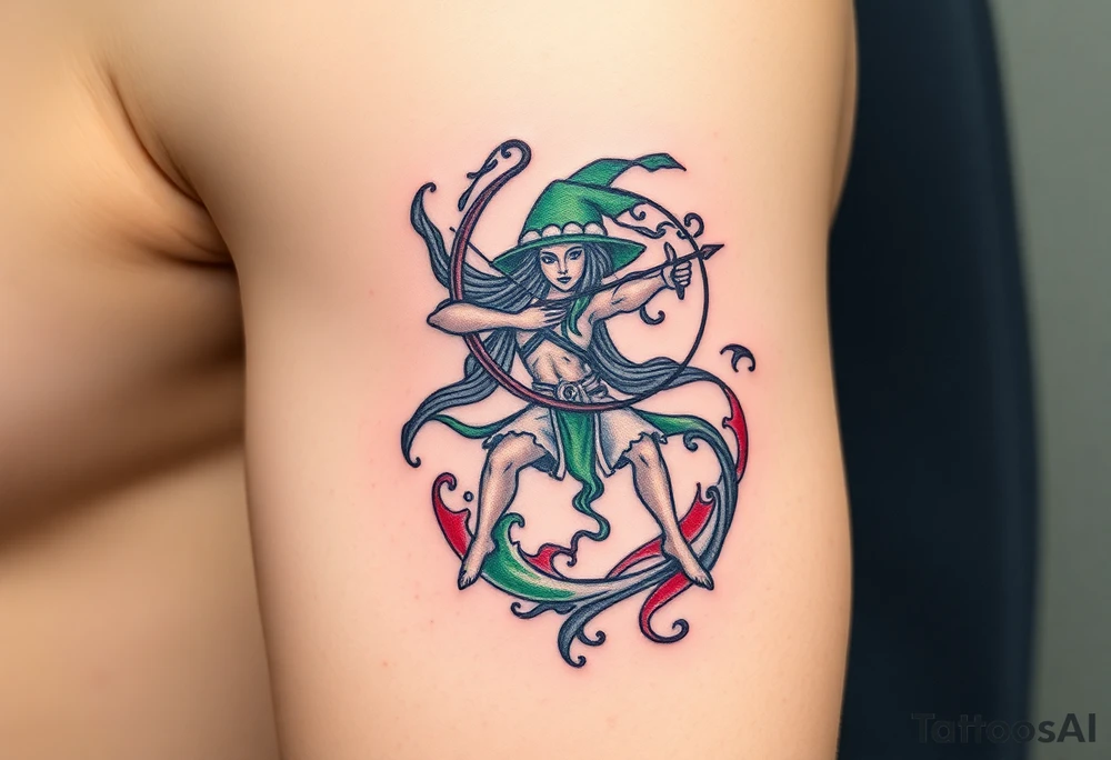 A Sagittarius figure engulfed in swirling cosmic energy, blending green, gray, and red tones tattoo idea