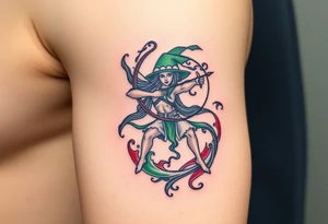 A Sagittarius figure engulfed in swirling cosmic energy, blending green, gray, and red tones tattoo idea
