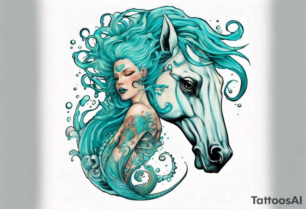a tall woman made of water with turquoise hair riding a seahorse tattoo idea