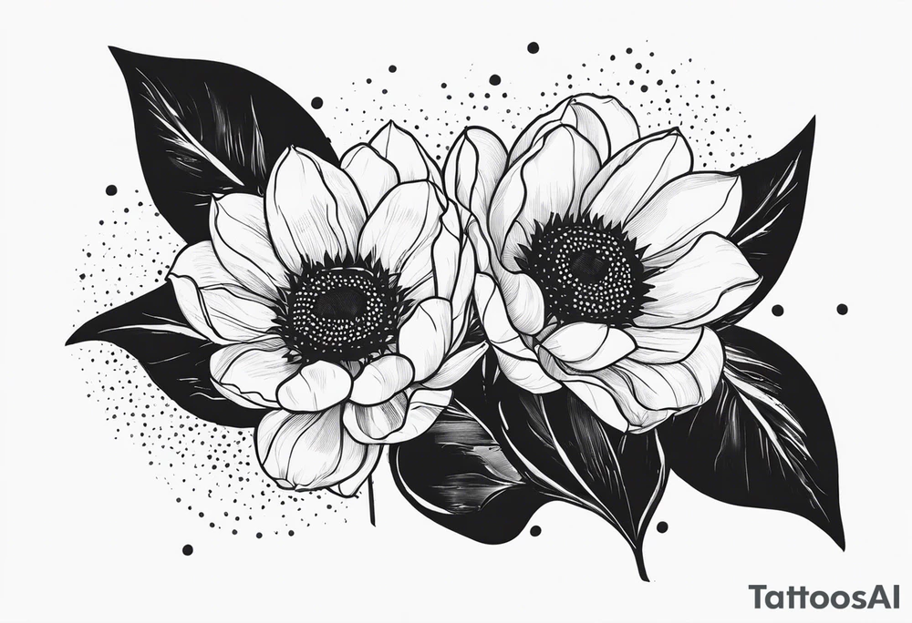 two tulips with a sunflower in the middle with some leaves and surrounded by some small dots tattoo idea