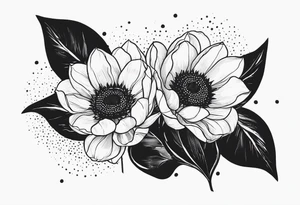two tulips with a sunflower in the middle with some leaves and surrounded by some small dots tattoo idea
