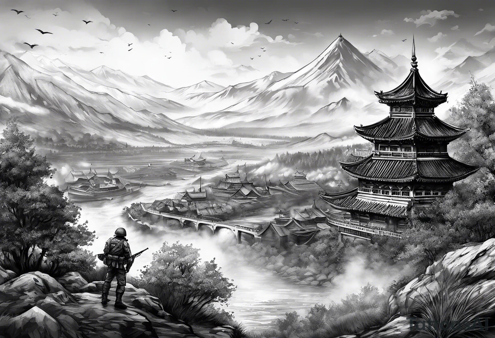 Battlefield scenery buildings battle war fighting tattoo idea