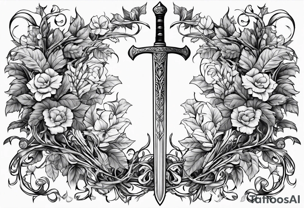 Leafy vines with sword tattoo idea