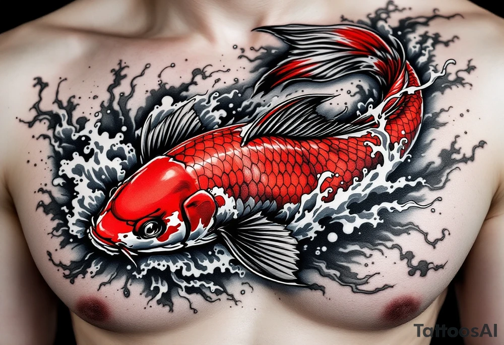 Red and Black Koi Swimming Upstream – A powerful koi in vivid red and inky black tones, symbolizing perseverance and courage, set against swirling water currents. tattoo idea