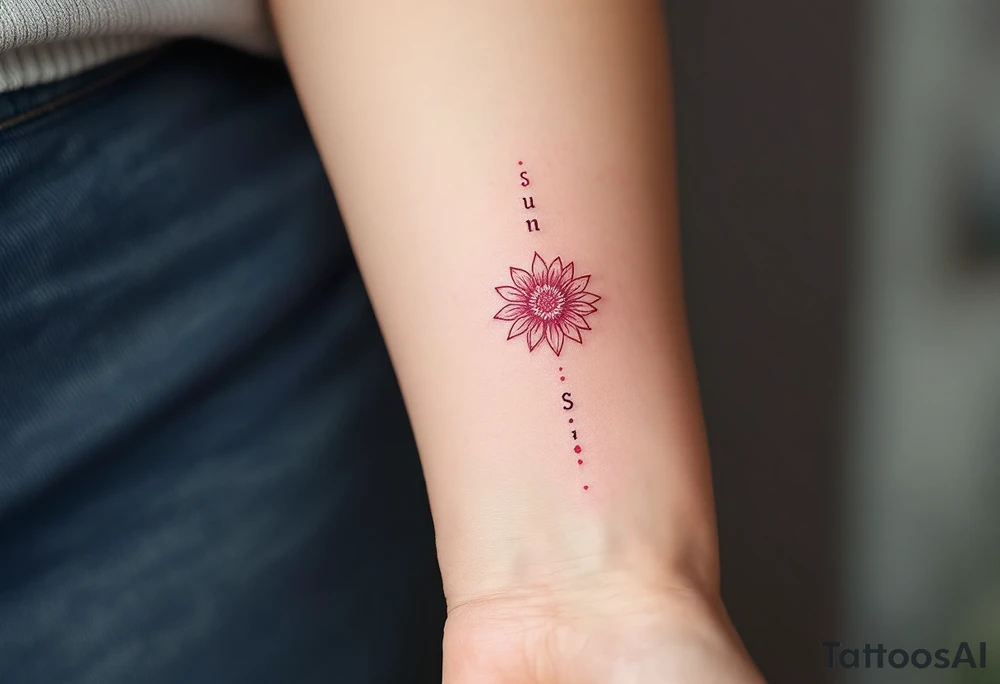 Word "Sun" written vertical with small sunflower in pink tattoo idea