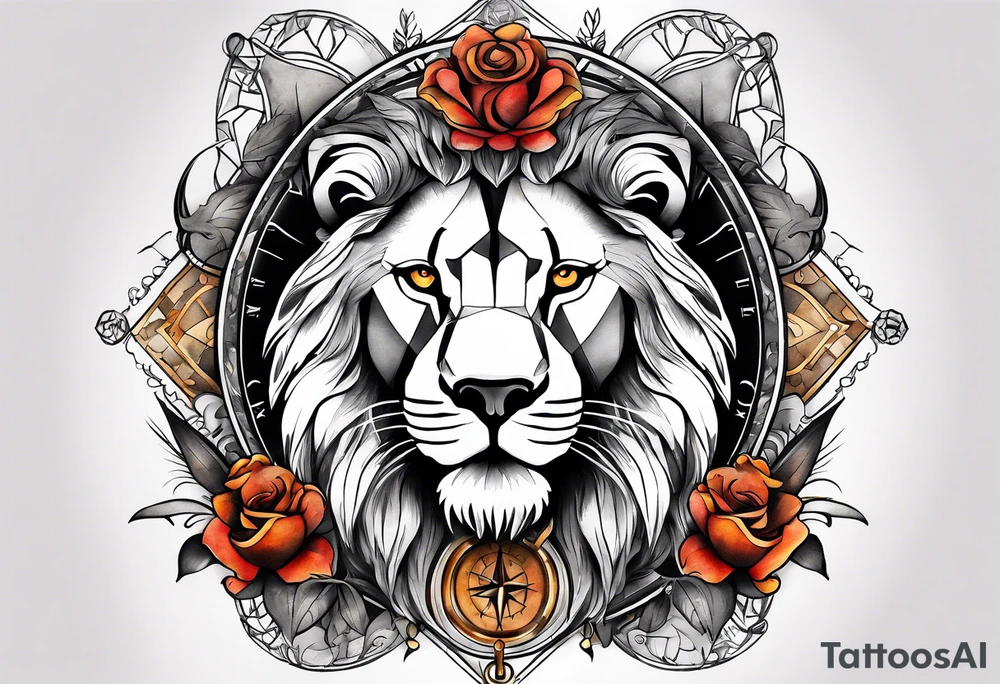 Sleeve tattoo with the word topete, a compass and a lions head tattoo idea