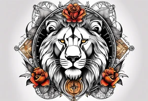 Sleeve tattoo with the word topete, a compass and a lions head tattoo idea