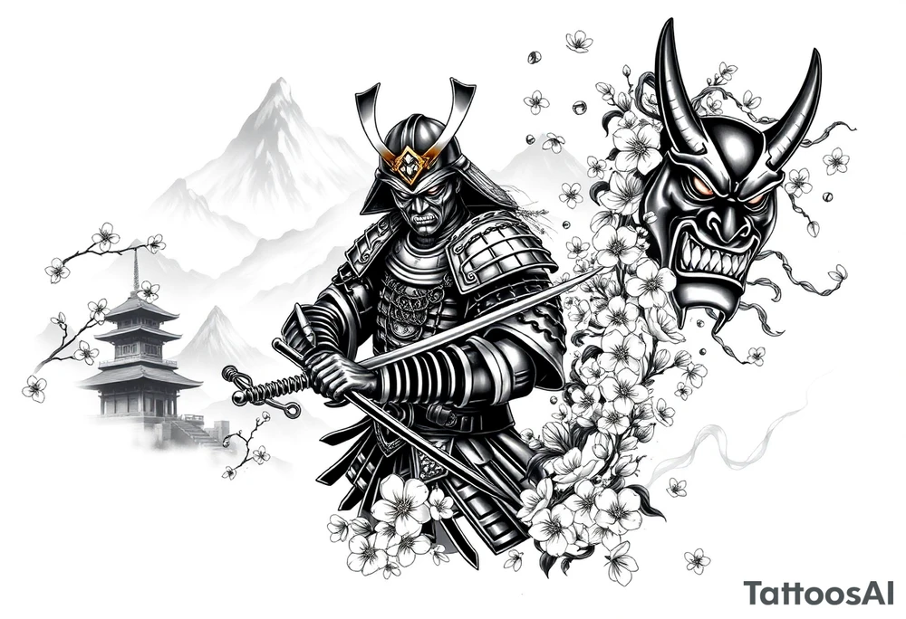 Design a detailed, all-black full arm sleeve tattoo featuring a traditional Japanese theme. The central figure is a fierce, heroic Japanese samurai warrior in full armor, wielding a katana. The samurai is positioned in a dynamic stance, as if preparing for battle, with intricate armor details like gold accents (only hinted in black shading) and ornate plating. Surrounding the samurai, delicate cherry blossoms bloom in full detail, their petals scattered across the sleeve with soft, swirling wind patterns. In the background, traditional Japanese structures, such as a pagoda, are subtly integrated, standing tall against a backdrop of misty, towering mountains that dominate the upper arm and shoulder area.

The sleeve also includes a highly detailed, intimidating Oni mask positioned on the inner forearm. The Oni mask has sharp, exaggerated features with heavy black shading, showing off its menacing grin and fiery eyes. Thin smoke or mist trails from the mask, weaving around the sleeve and merging with the surrounding elements. The overall design flows naturally, with the elements blending into each other seamlessly, using dark, dense shading to create depth and contrast, while maintaining a sense of movement and balance throughout the arm tattoo idea