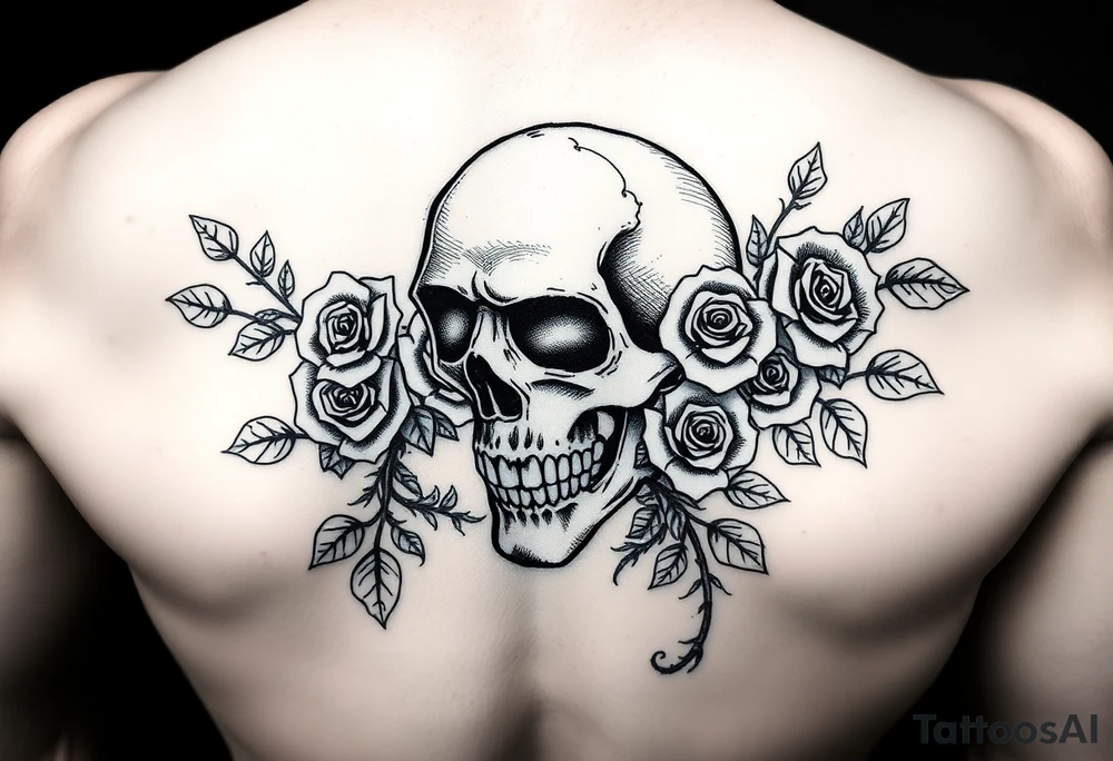 gothic skull intertwined with climbing roses and thorny vines tattoo idea