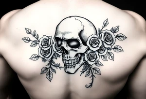 gothic skull intertwined with climbing roses and thorny vines tattoo idea