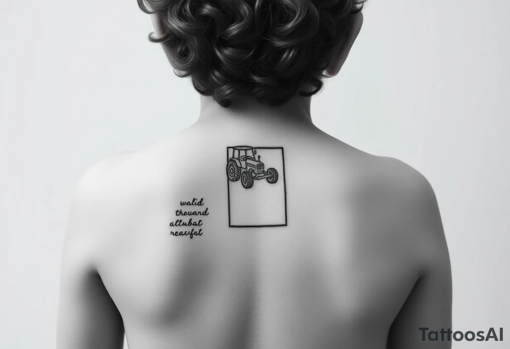 minimalist back view of curly headed toddler son riding a toy tractor with a geometric frame tattoo idea