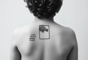 minimalist back view of curly headed toddler son riding a toy tractor with a geometric frame tattoo idea