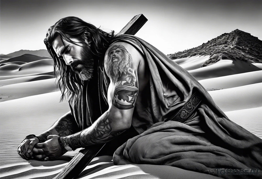 man crawling in a desert reaching to the cross of Christ tattoo idea