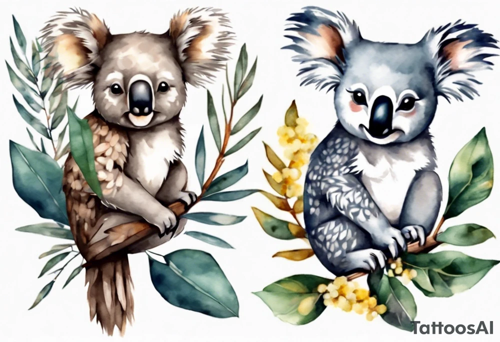 Koala and kookaburra separately sitting on wattle and eucalyptus leaves tattoo idea