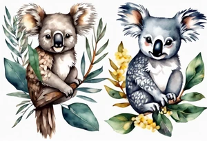 Koala and kookaburra separately sitting on wattle and eucalyptus leaves tattoo idea