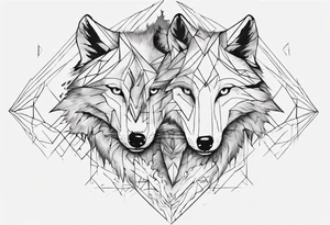 Wolf's face with geometric patterns flowing from it along with impressions of trees, a forest. It should be shaped to fit on a forearm tattoo idea