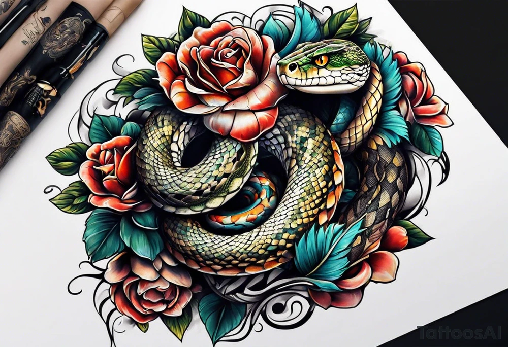 Arm sleeve with a snake with 3 heads tattoo idea