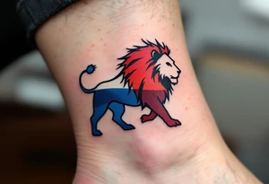 A minimalist Czech lion silhouette, outlined in bold black ink with red and blue shading, creating a modern and clean design. tattoo idea