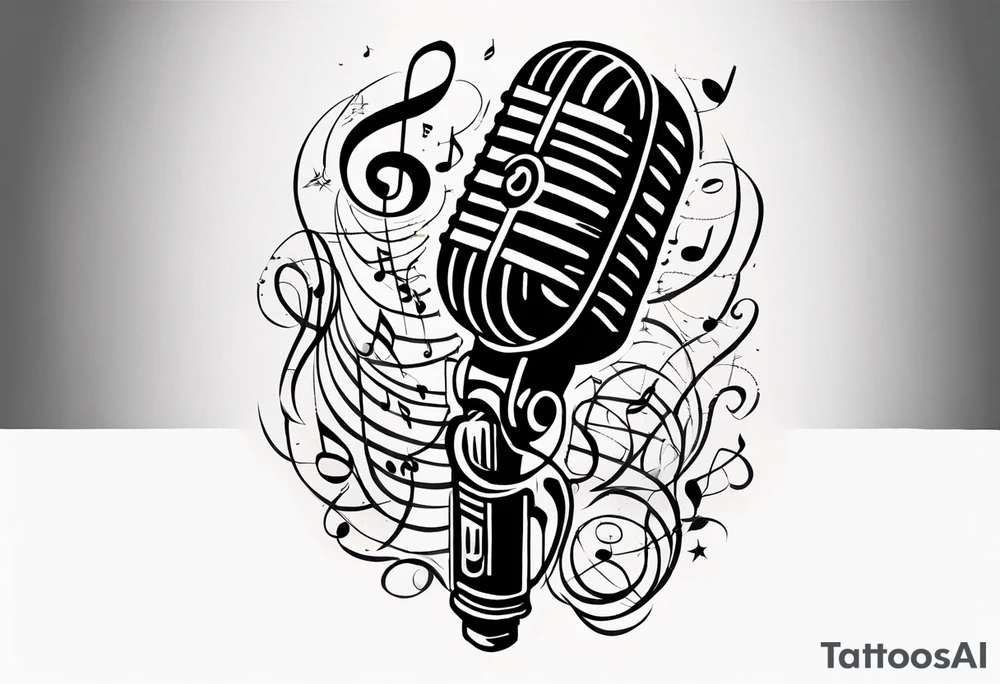 a vintage microphone intertwined with intricate musical notes and symbols tattoo idea