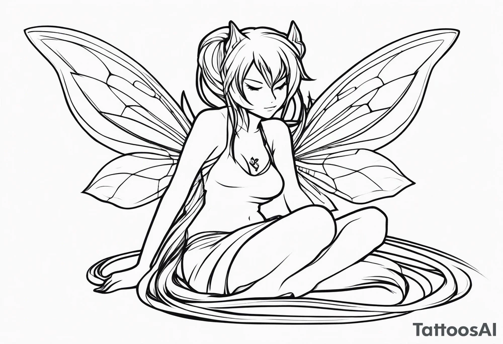 No color sketch of a fairy with a tail inspired by the guild symbol in the anime show called Fairy Tail in a fetal position leaning in and forward while crawled in hugging herself tattoo idea