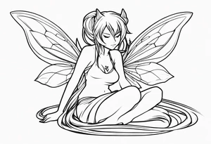 No color sketch of a fairy with a tail inspired by the guild symbol in the anime show called Fairy Tail in a fetal position leaning in and forward while crawled in hugging herself tattoo idea
