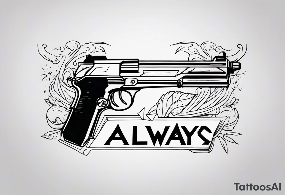 The letters AR with a pistol on each side and the word always on the top and ready on the bottom tattoo idea