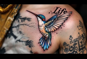 A hummingbird flying through a cartouche (Egyptian nameplate) that spells out a meaningful word like “Life” or “Strength.”(only red , blue and black are possible colors) tattoo idea