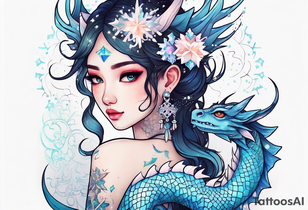 Constellation, kawaii dragon girl , snowflake tattoo idea