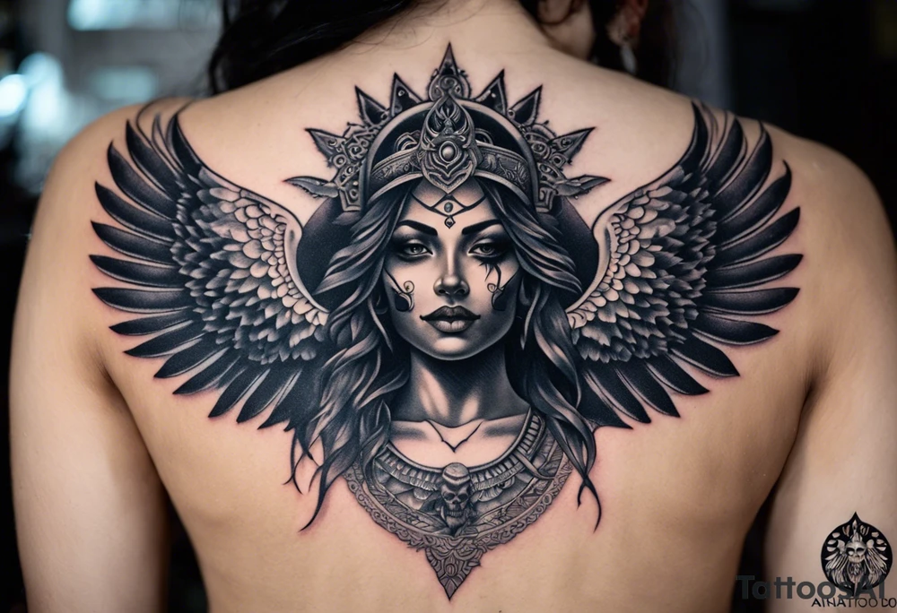 black kali, goddess pirate, alien, angel, pachamama, valkrye, warrior, flying, skull, lotus azul, wing, eagle, zenza resonance, stars, 5D, anahata chakra, death, durga, riding on a tiger, flying lady, kundalini, chest tatoo, rebel tattoo idea