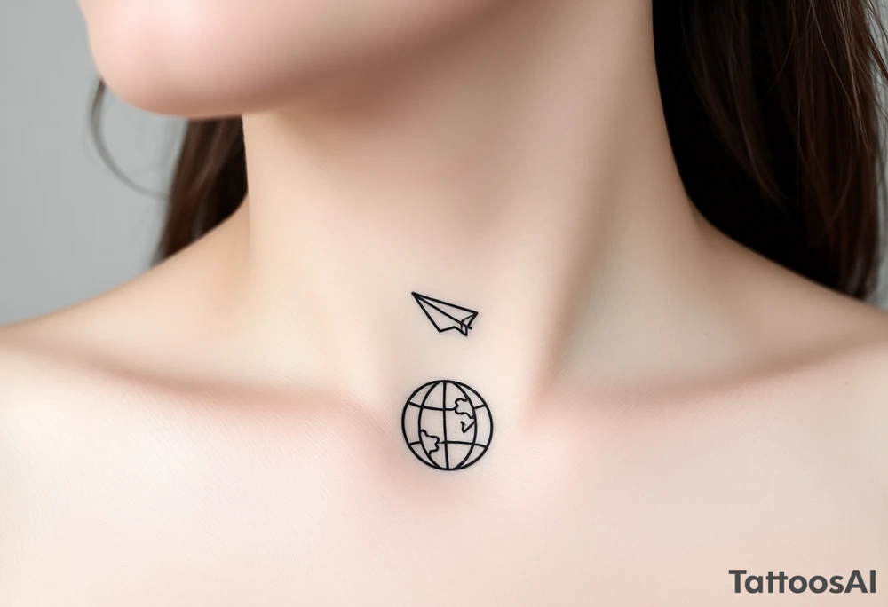Line tattoo scene with paper plane, globe, play symbol, pause symbol, stop symbol, rewind symbol, mental health awareness tattoo idea