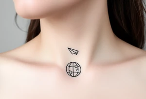 Line tattoo scene with paper plane, globe, play symbol, pause symbol, stop symbol, rewind symbol, mental health awareness tattoo idea