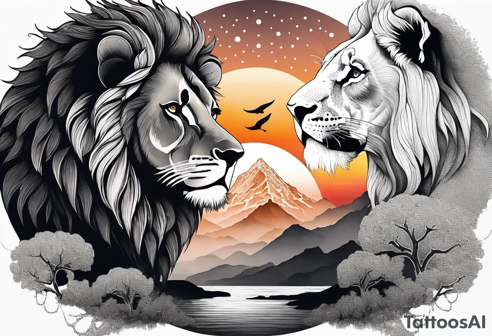 Tattoo in the shape of a lion head with a father and son in the mountains with  a waterfall and cross in the background and a sunset inside of it tattoo idea