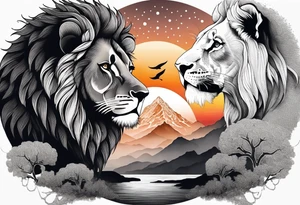Tattoo in the shape of a lion head with a father and son in the mountains with  a waterfall and cross in the background and a sunset inside of it tattoo idea