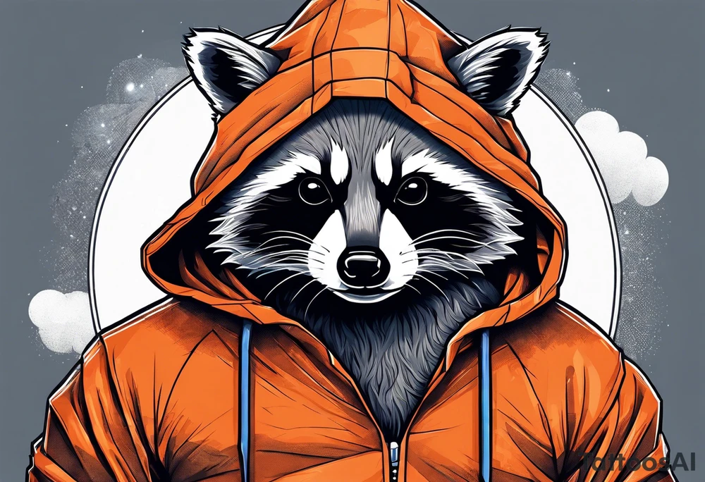 Raccoon wearing an orange Superman hoodie tattoo idea