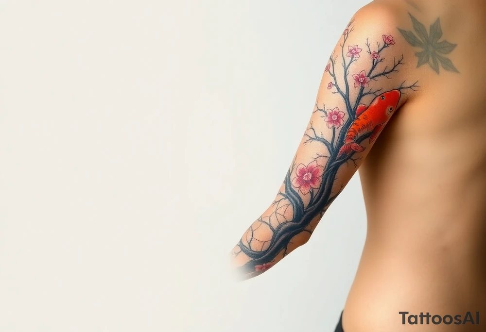 Beautiful full sleeve with a koi fish, tiger, sun, and cherry blossom tree tattoo idea