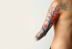 Beautiful full sleeve with a koi fish, tiger, sun, and cherry blossom tree tattoo idea