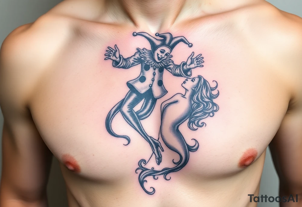 jester hovering over woman in smoke tattoo idea
